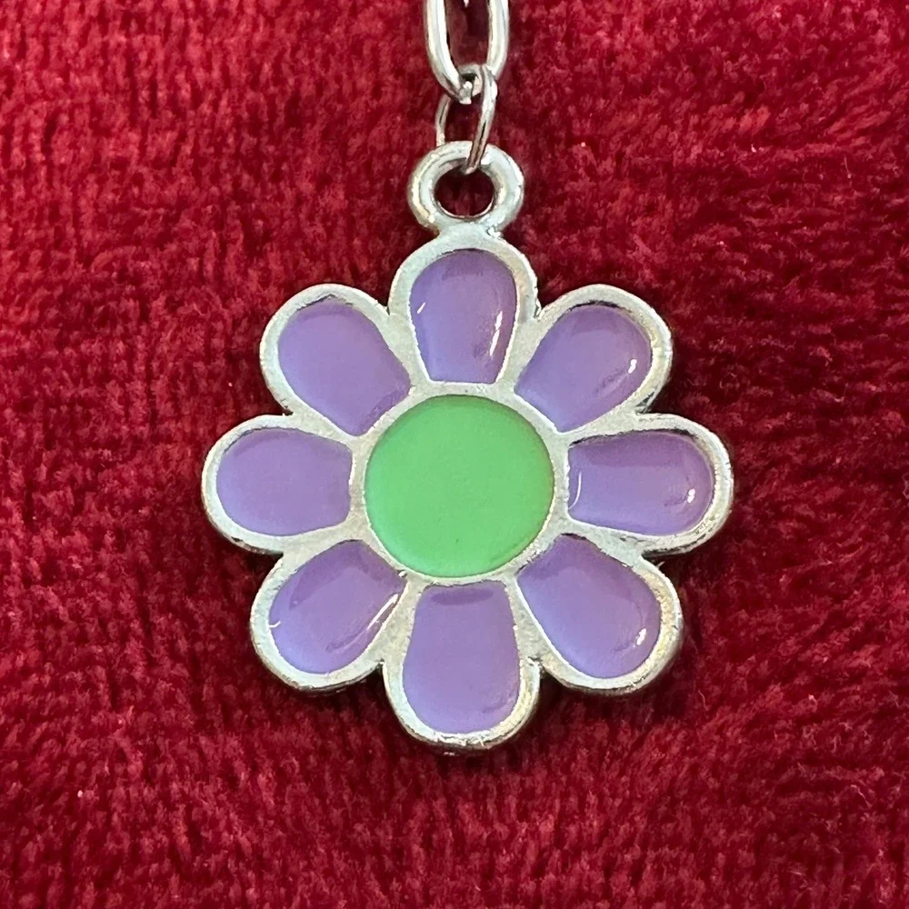Silver Tone Purple and Green Enamel Flower Daisy Keychain Bag Charm Accessory